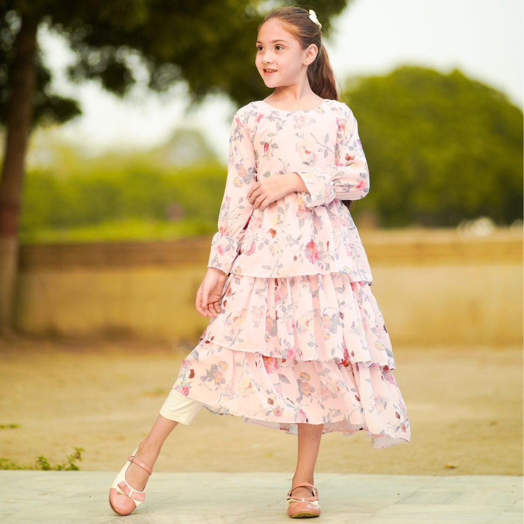 Figo - Tea Pink Floral Frill Maxi/Long Frock