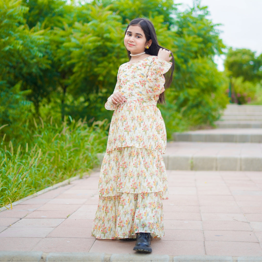 Figo - Cream Festive Floral Frill Maxi/Long Frock