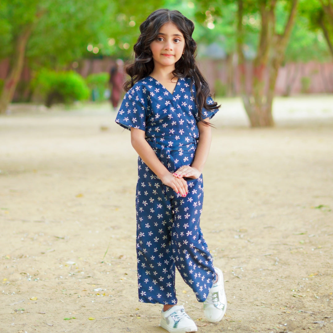 Figo - Navy V-Neck Exquisite Jumpsuit (Swiss Fabric)