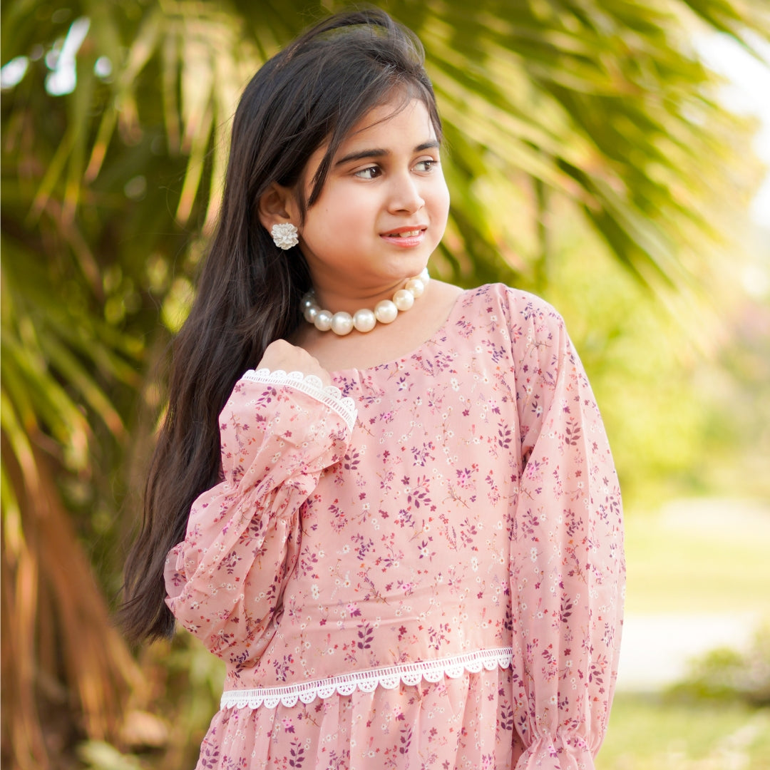 Figo - Dusty Rose Laced Frill Maxi/Long Frock