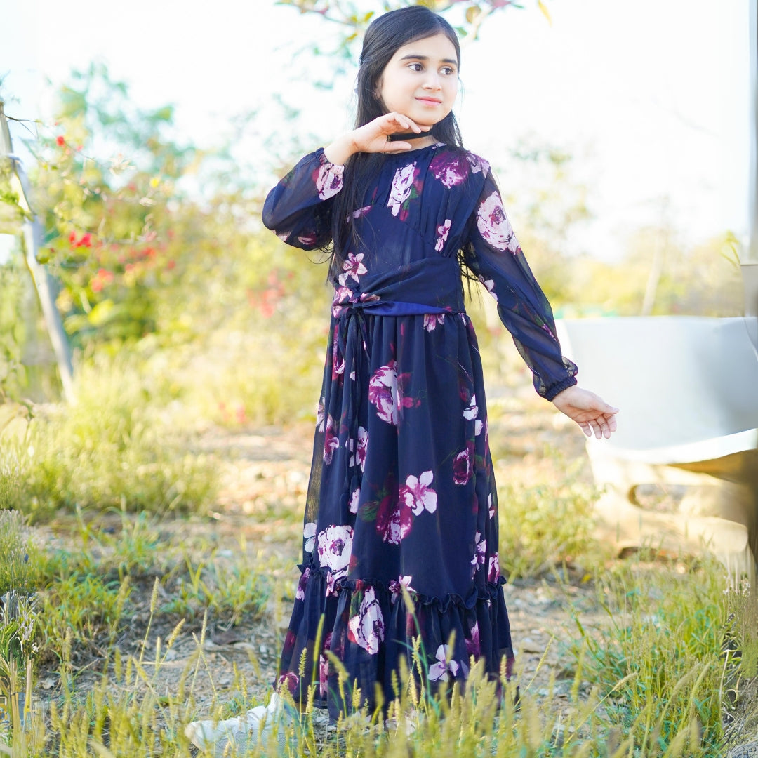 Figo - Dark Navy Floral Front Belted Frill Maxi