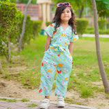 Figo - Elegant Green Butterfly Printed V-Neck Jumpsuit (Swiss Fabric)