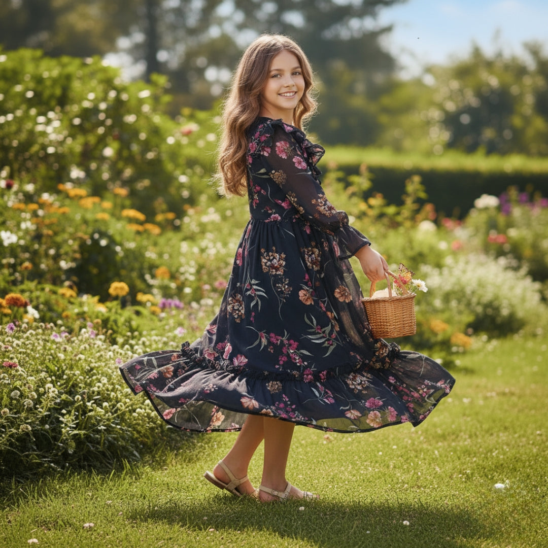 Figo - Dark Navy Graceful Floral Tunic Maxi/Long Frock