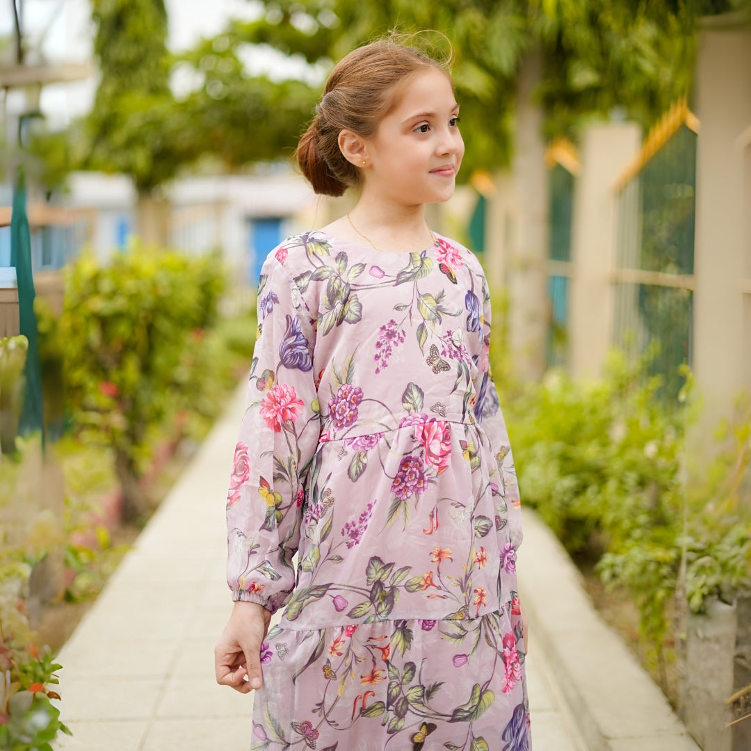 Figo - Lilac Floral Three Layered Single Frill Maxi/Long Frock