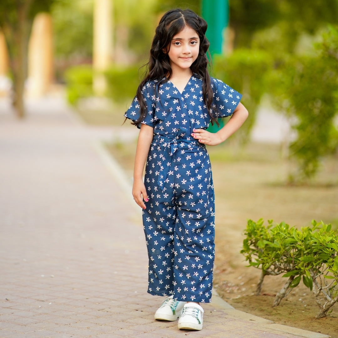 Figo - Navy V-Neck Exquisite Jumpsuit (Swiss Fabric)