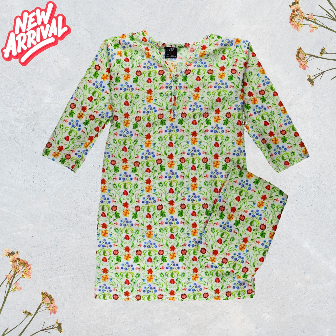 Figo - White Green Floral Print Co-Ord Set