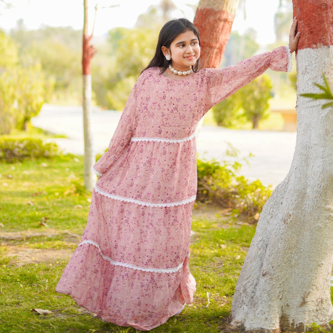 Figo - Dusty Rose Laced Frill Maxi/Long Frock