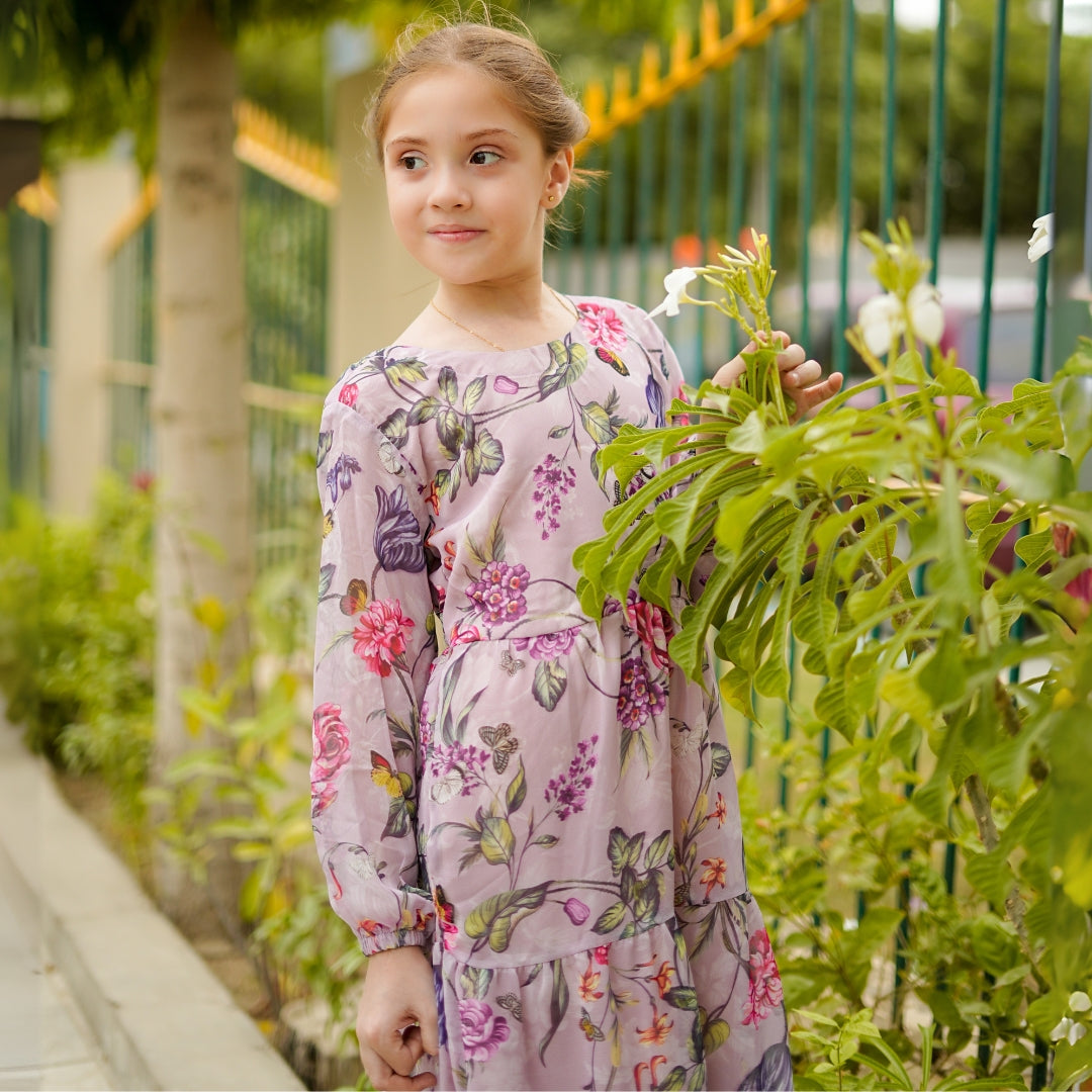 Figo - Lilac Floral Three Layered Single Frill Maxi/Long Frock