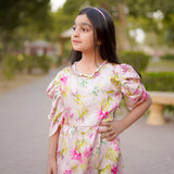 Figo - Peach Pink Floral Frock (Silk Fabric)