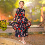 Figo - Dark Navy Multi Red Floral Frill Maxi/Long Frock