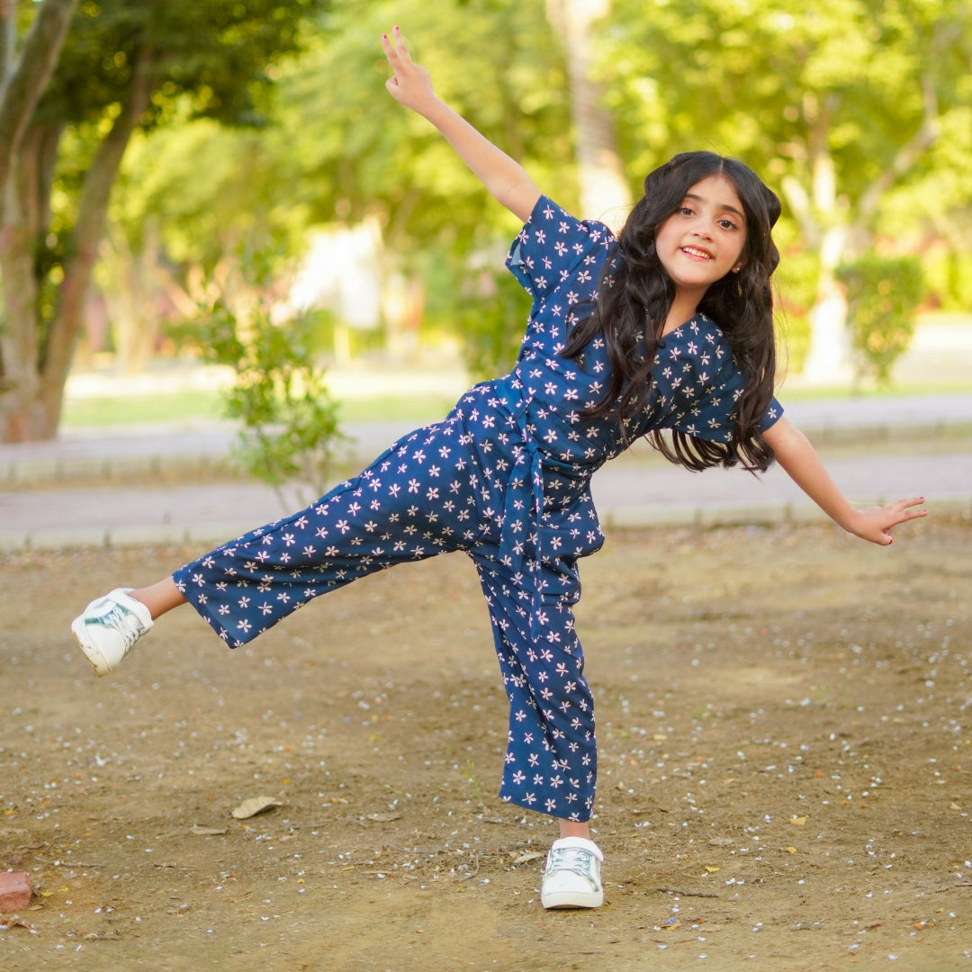 Figo - Navy V-Neck Exquisite Jumpsuit (Swiss Fabric)