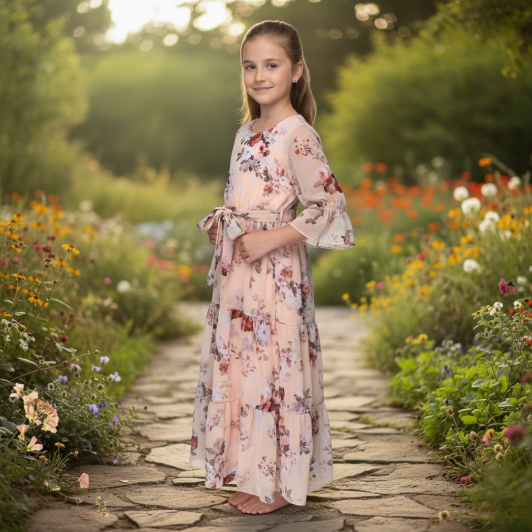 Figo - Skin Floral Three Layered Single Frill Maxi/Long Frock