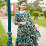 Figo - Dark Green Extravagant Floral Frill Maxi/Long Frock