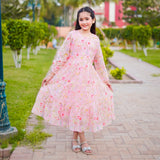 Figo - Pink Elegant Floral Three Layered Single Frill Maxi/Long Frock