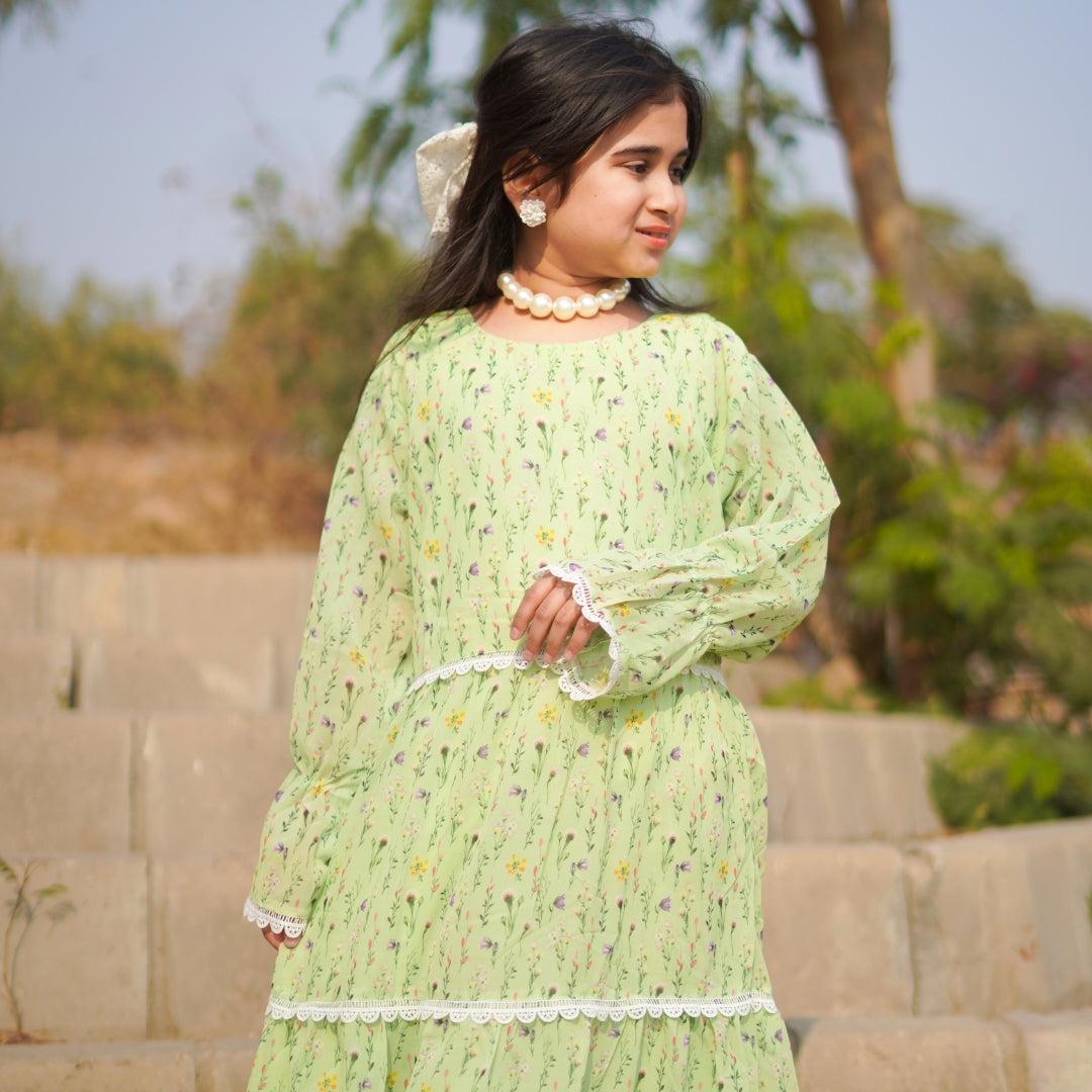 Figo - Green Floral Laced Frill Maxi/Long Frock