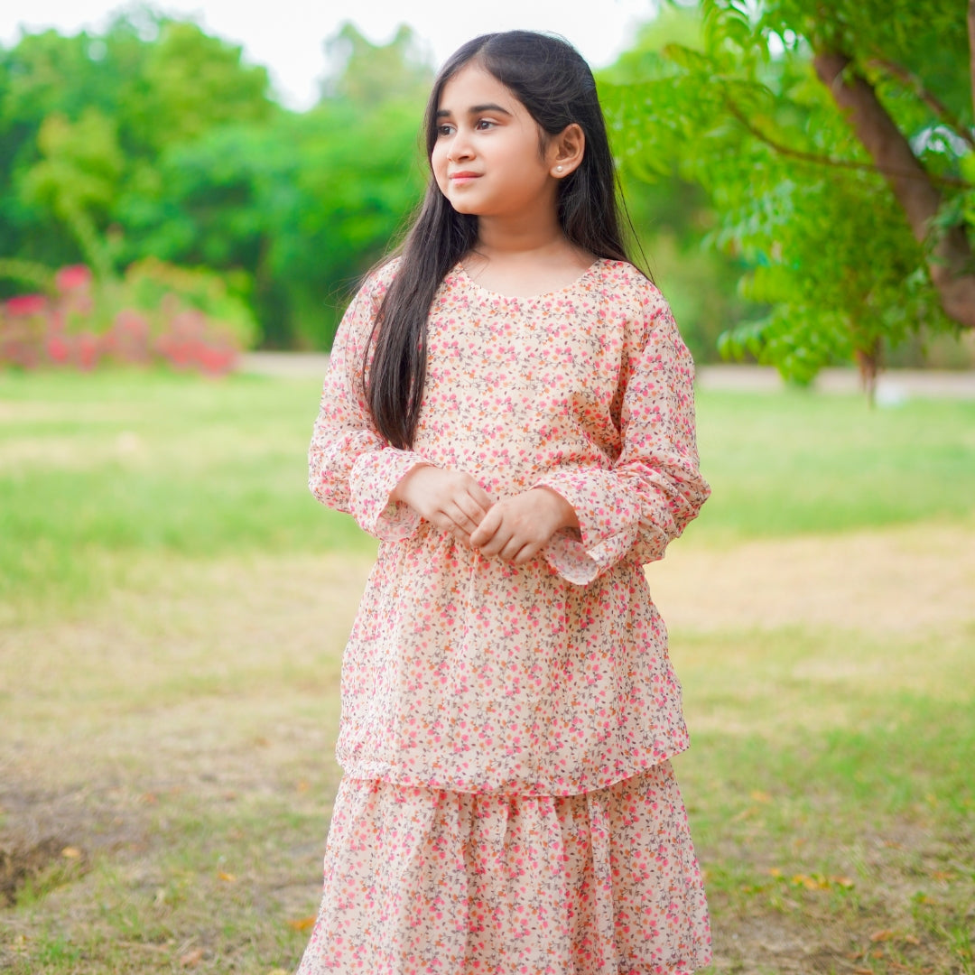 Figo - Dark Peach Floral Frill Maxi/Long Frock