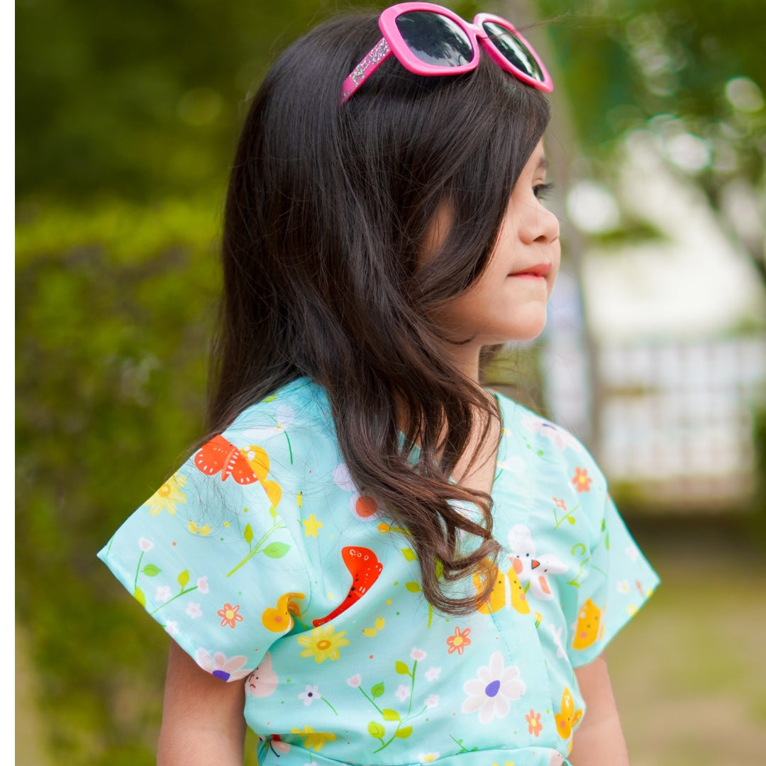 Figo - Elegant Green Butterfly Printed V-Neck Jumpsuit (Swiss Fabric)