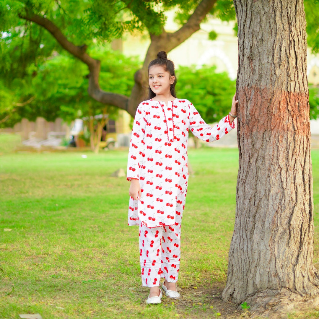 Figo - White Cherry Print Co-Ord Set (Viscose)