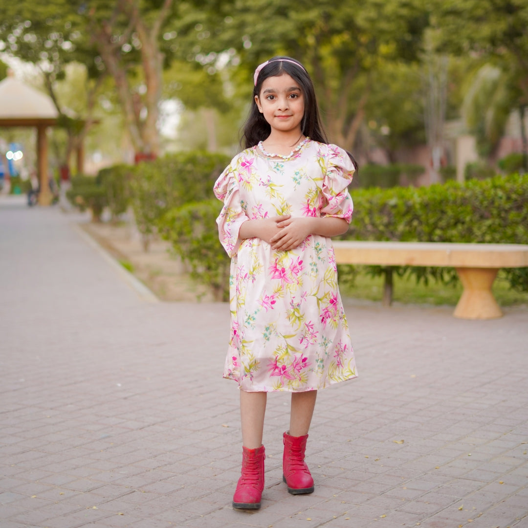 Figo - Peach Pink Floral Frock (Silk Fabric)