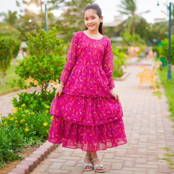 Figo - Magenta Floral Frill Maxi/Long Frock