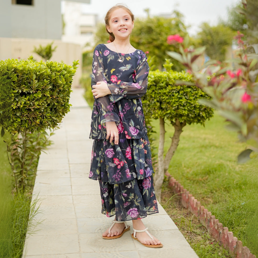 Figo - Dark Navy Exquisite Floral Frill/Maxi Long Frock