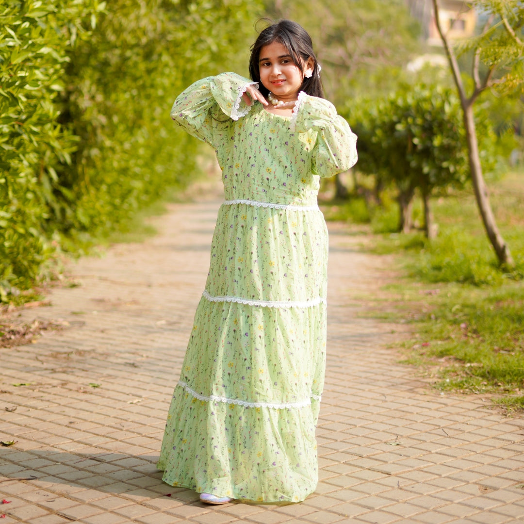 Figo - Green Floral Laced Frill Maxi/Long Frock