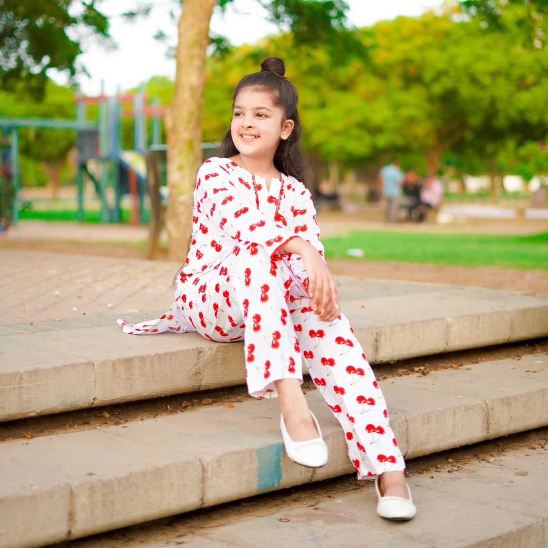 Figo - White Cherry Print Co-Ord Set (Viscose)