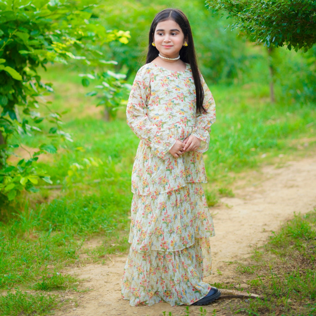 Figo - Cream Festive Floral Frill Maxi/Long Frock