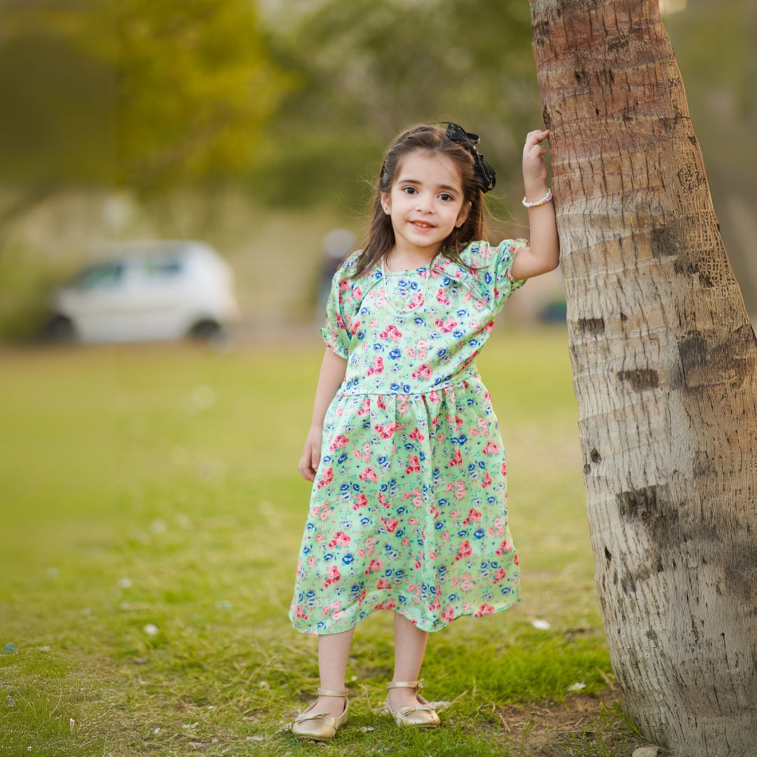 Figo - Cute Green Floral Frock (Silk Fabric)