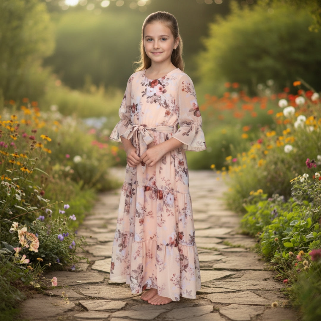 Figo - Skin Floral Three Layered Single Frill Maxi/Long Frock