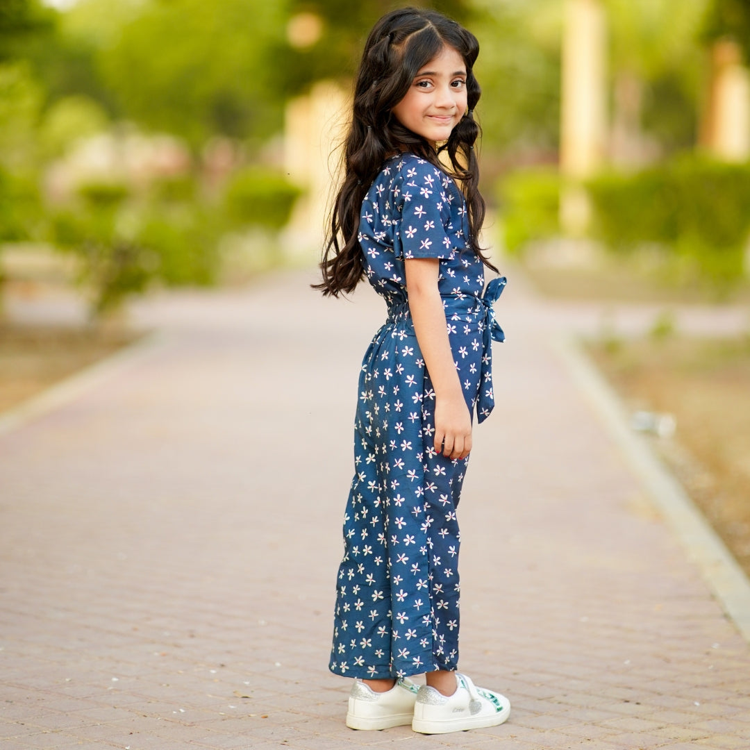 Figo - Navy V-Neck Exquisite Jumpsuit (Swiss Fabric)