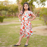 Figo - White Red Floral Frock (Silk Fabric)