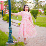 Figo - Pink Elegant Floral Three Layered Single Frill Maxi/Long Frock