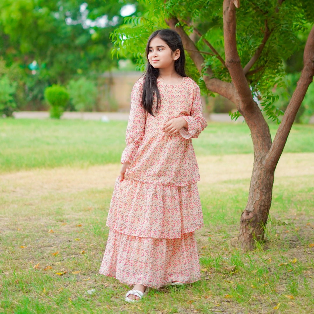 Figo - Dark Peach Floral Frill Maxi/Long Frock