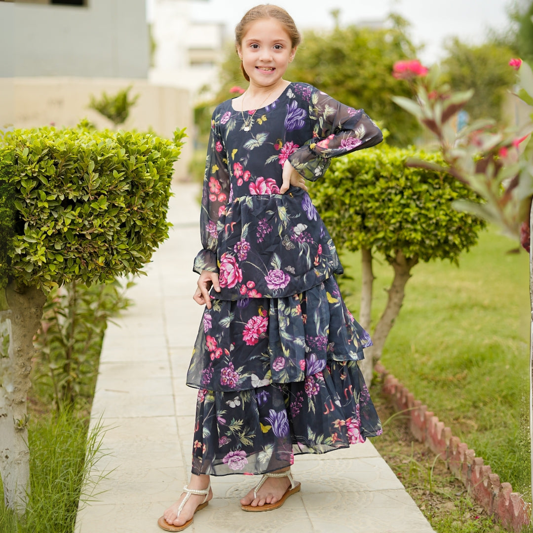 Figo - Dark Navy Exquisite Floral Frill/Maxi Long Frock
