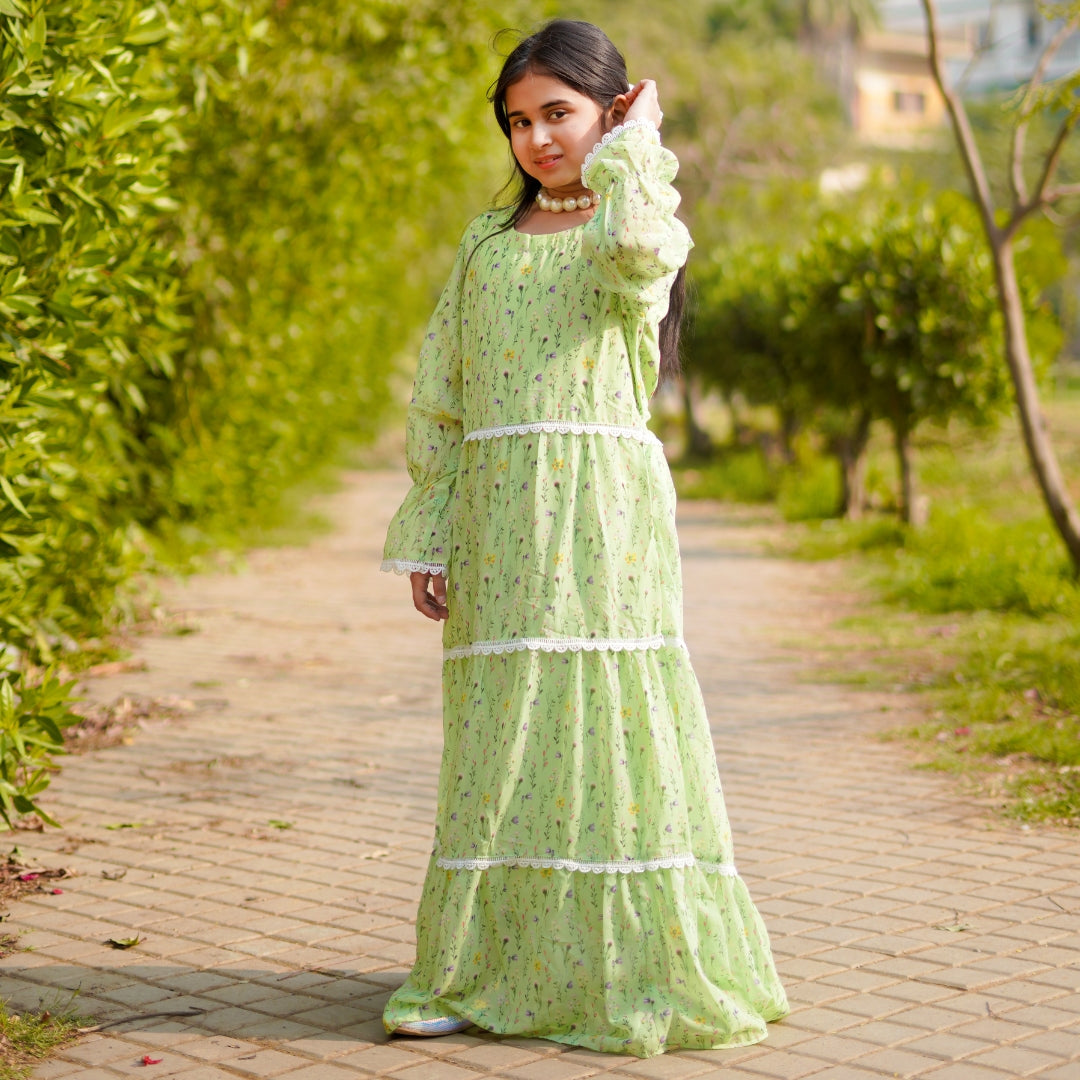 Figo - Green Floral Laced Frill Maxi/Long Frock