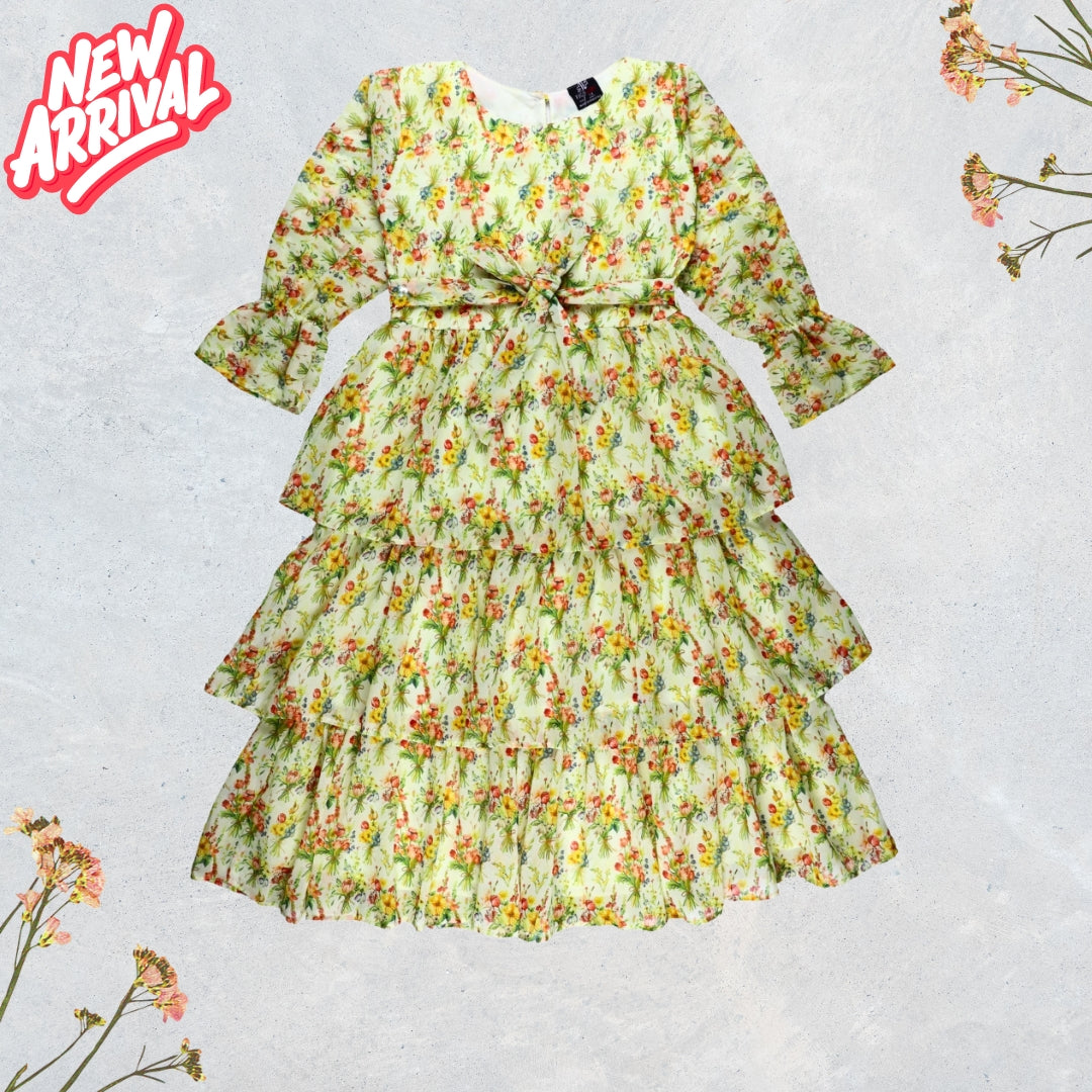 Figo - Cream Festive Floral Frill Maxi/Long Frock