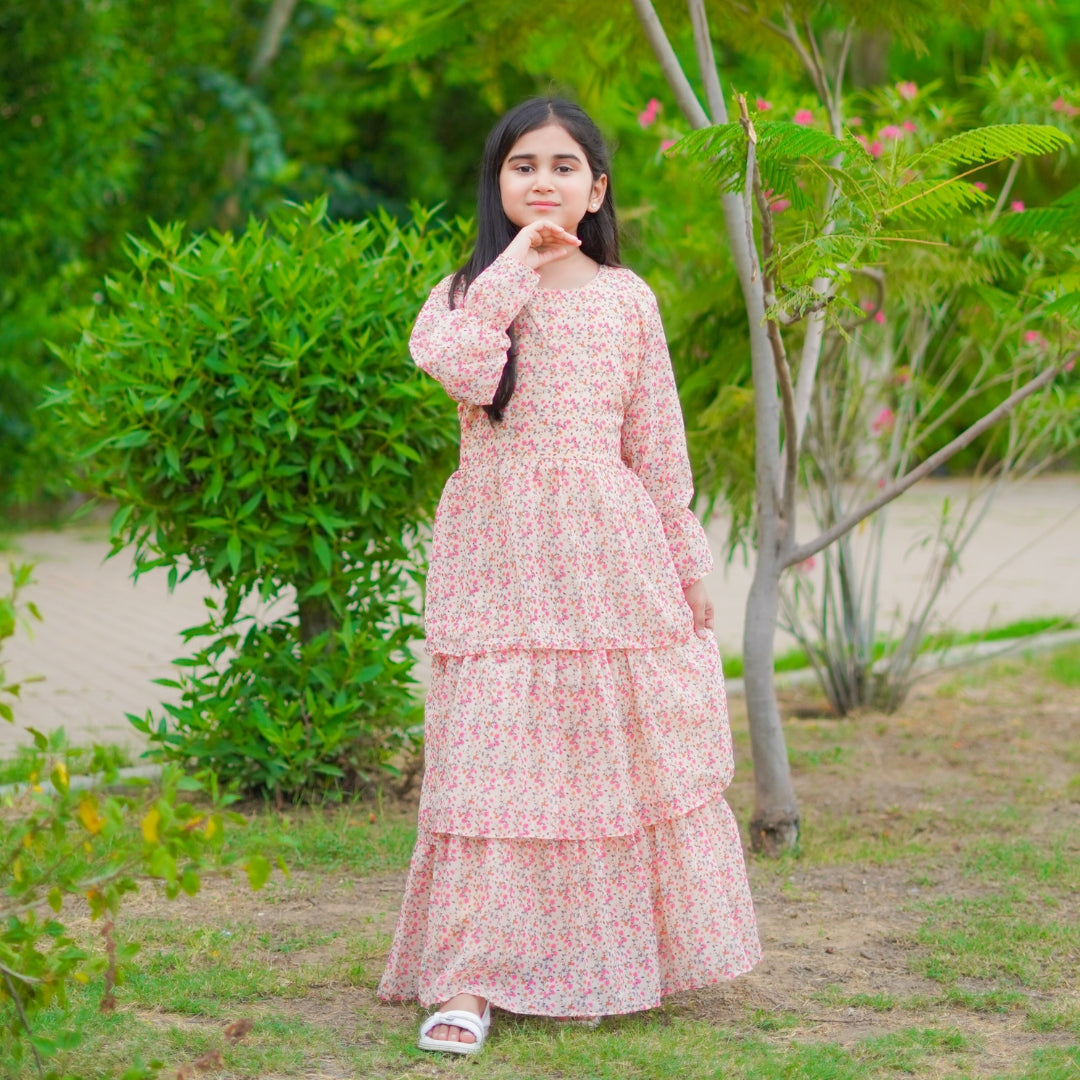 Figo - Dark Peach Floral Frill Maxi/Long Frock