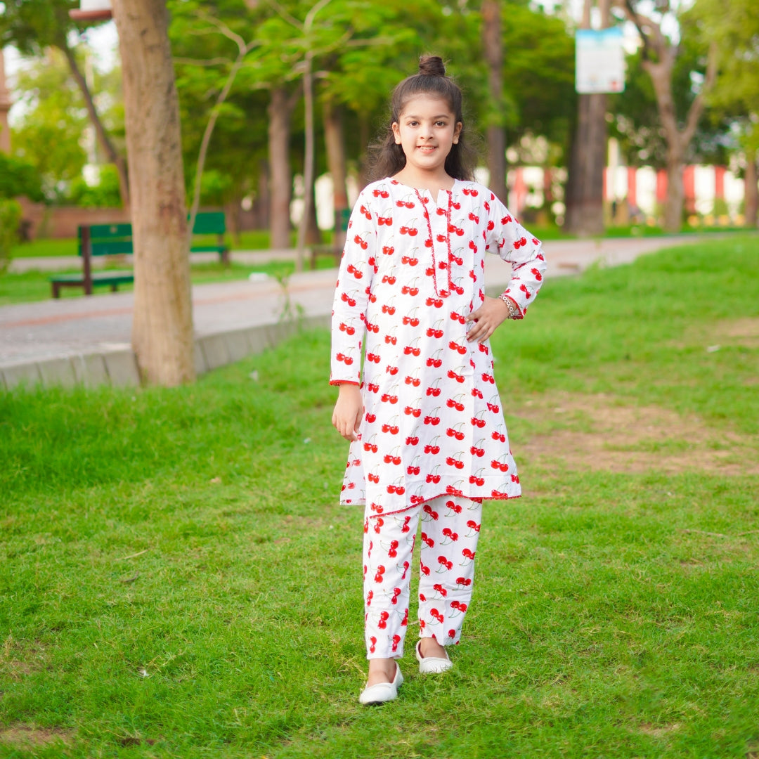 Figo - White Cherry Print Co-Ord Set (Viscose)