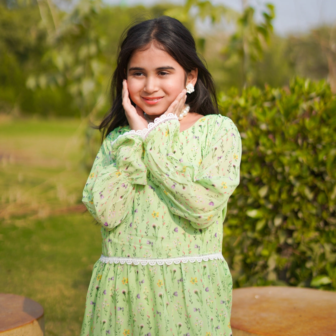 Figo - Green Floral Laced Frill Maxi/Long Frock