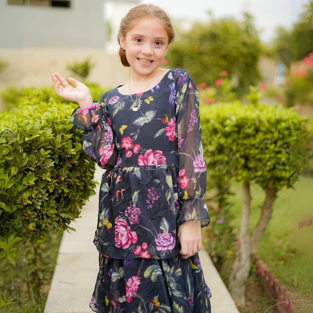 Figo - Dark Navy Exquisite Floral Frill/Maxi Long Frock