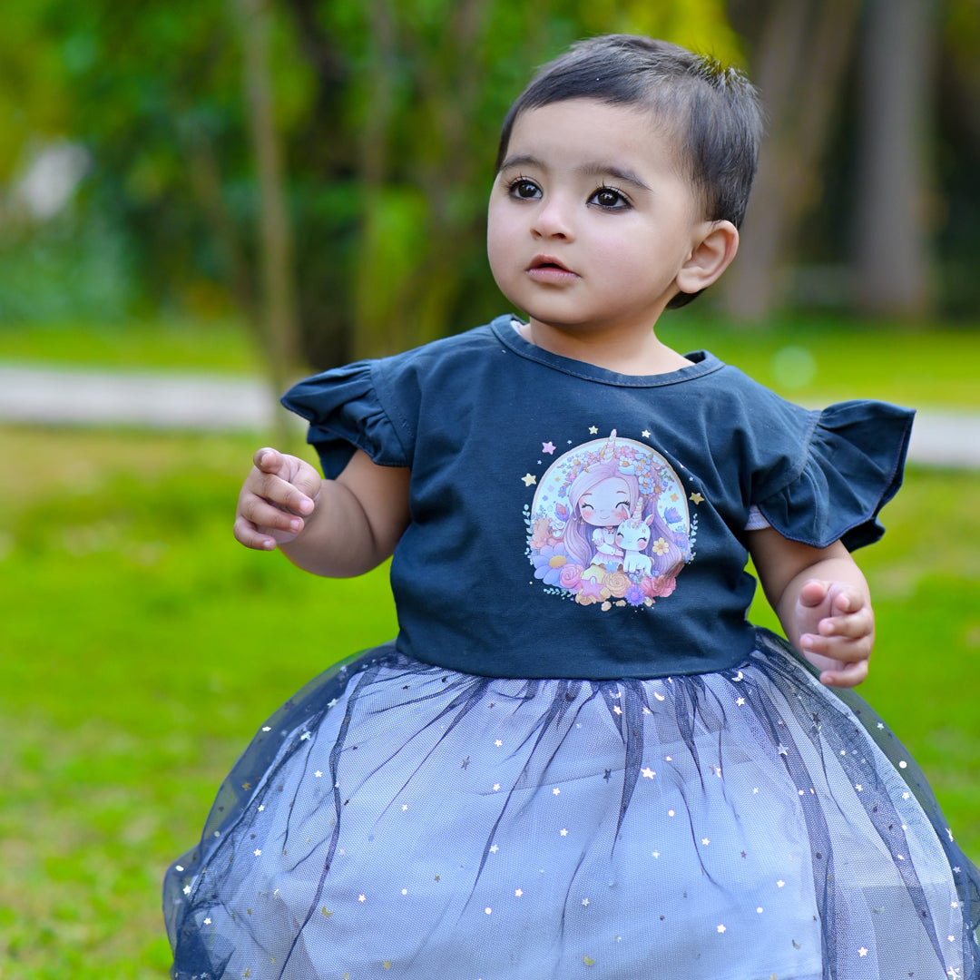 Figo - Navy Girl Unicorn Two Shaded Net Frock
