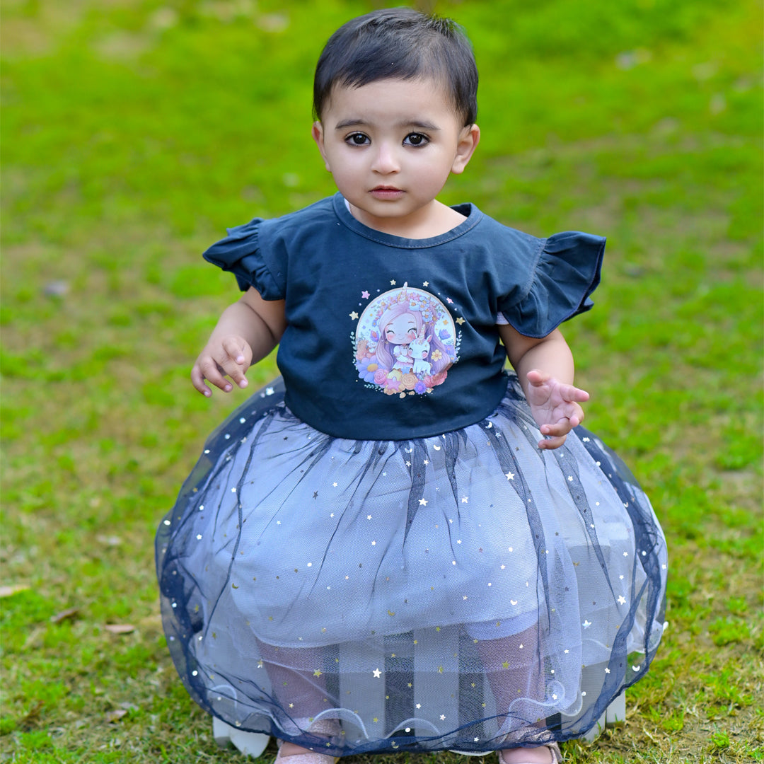 Figo - Navy Girl Unicorn Two Shaded Net Frock