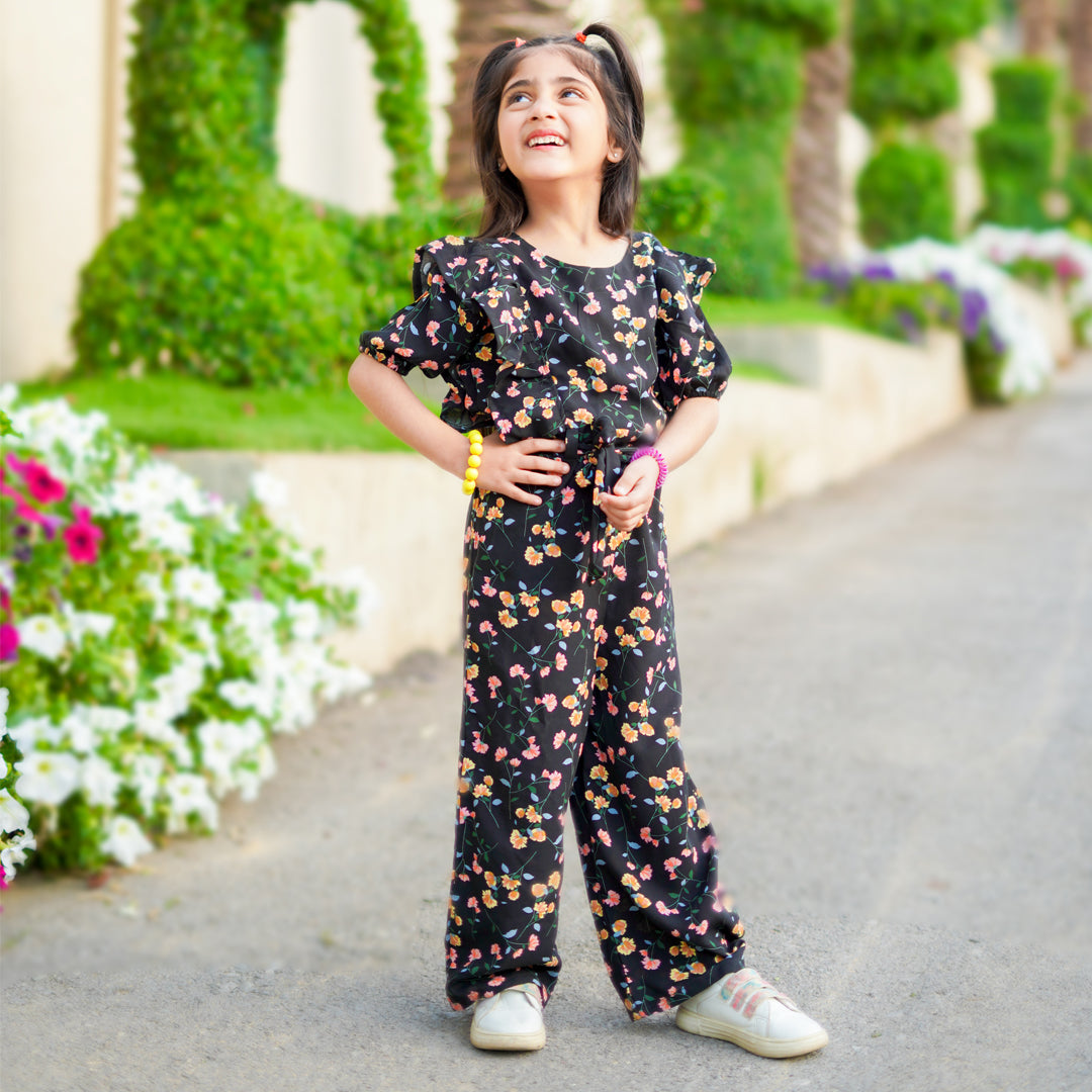 Figo - Black Floral Butterfly Pattern Jumpsuit