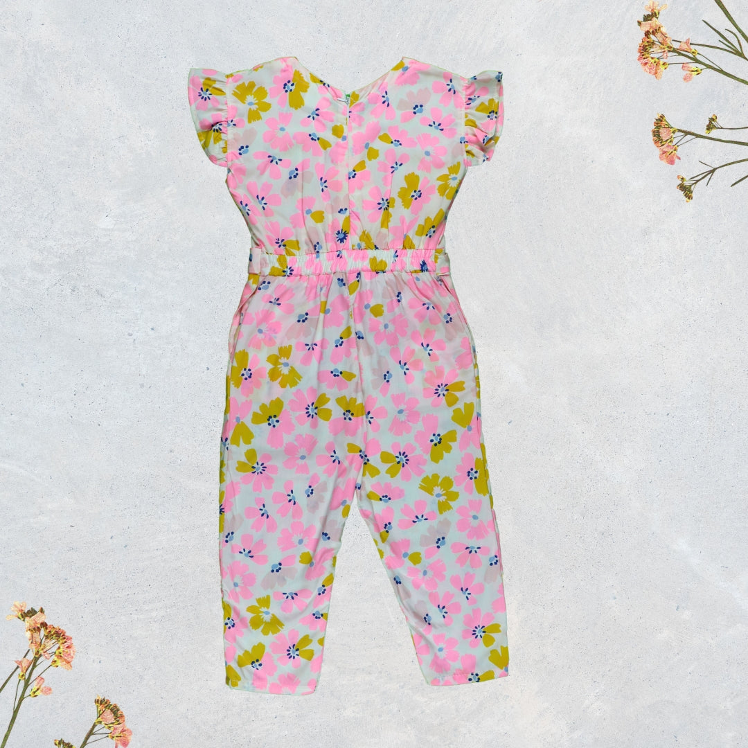 Figo - White Pink Floral V-Neck Jumpsuit
