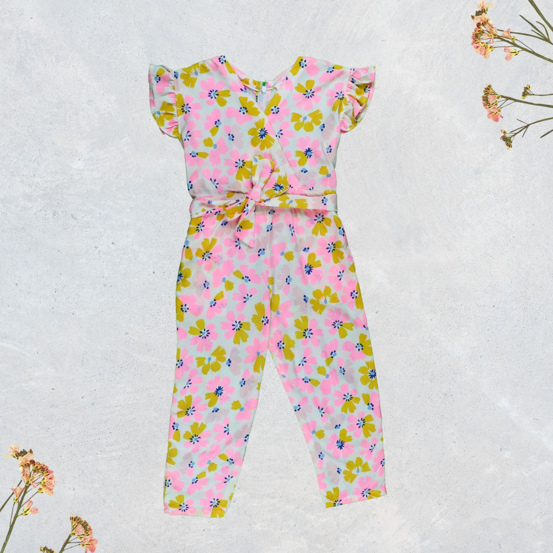 Figo - White Pink Floral V-Neck Jumpsuit