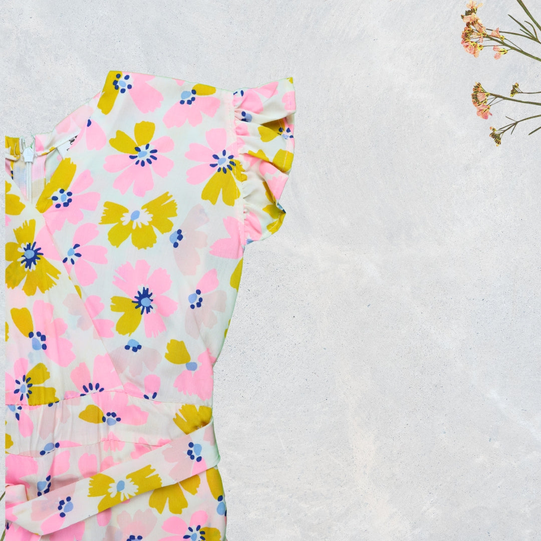 Figo - White Pink Floral V-Neck Jumpsuit