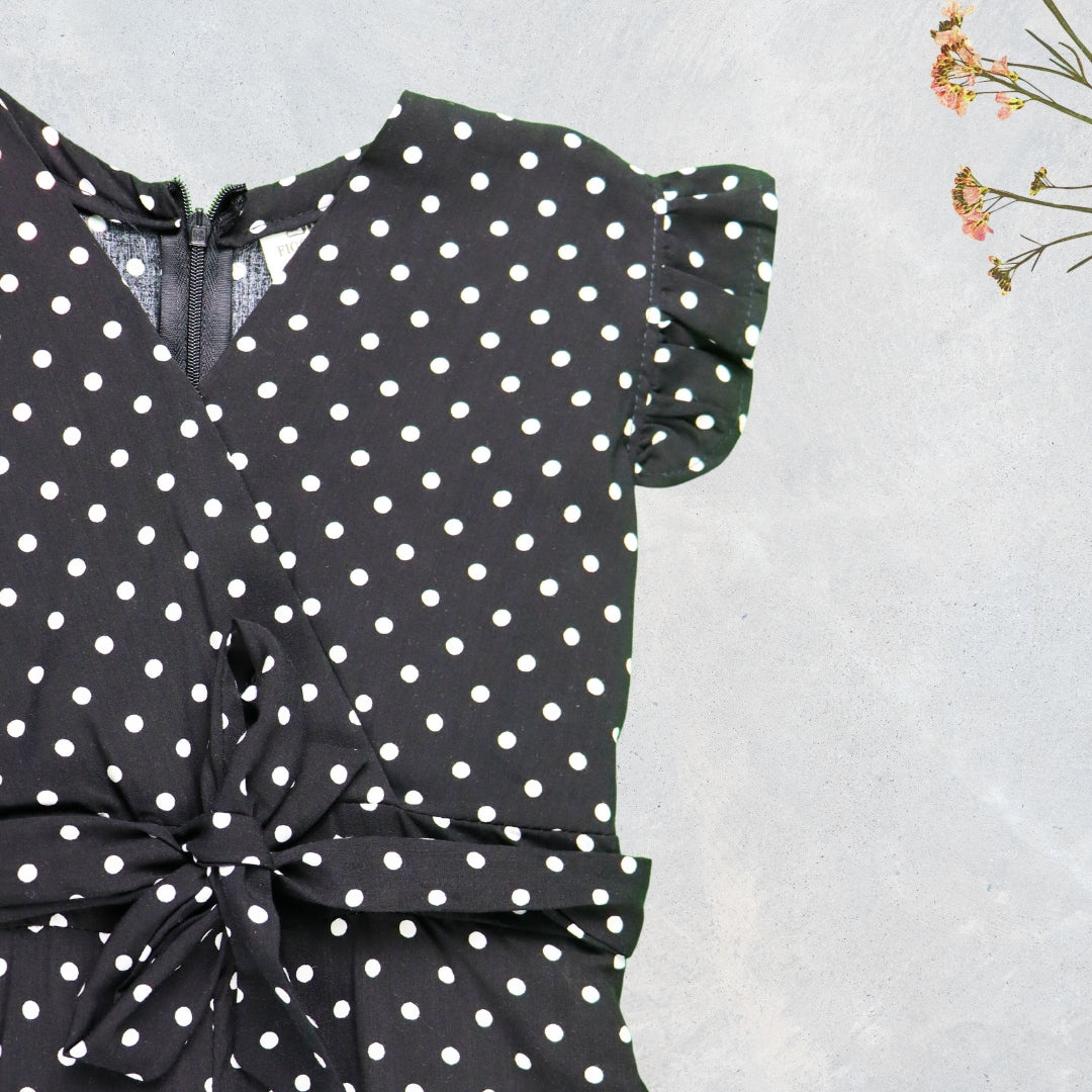 Figo - Black Polka Dot V-Neck Jumpsuit