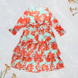 Figo - Green Orange Floral Frill Maxi/Long Frock