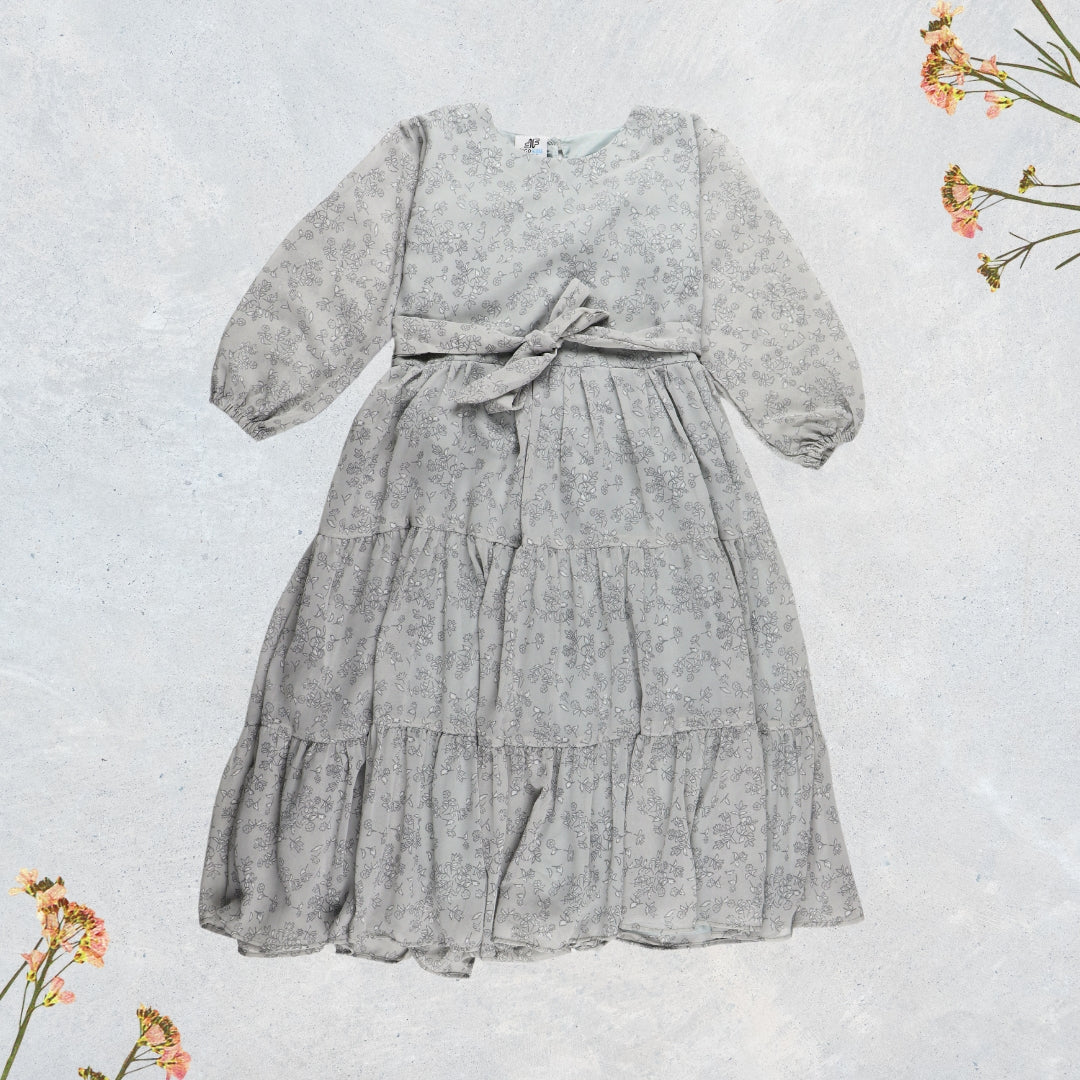 Figo - Grey Floral Three Layered Maxi/Long Frock